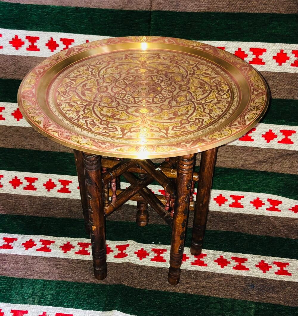 20” Moroccan Brass Tea table , moroccan coffee table Arabesque Engraved Carved Brass Tray Folding Table with Folding Cedar Wood Legs