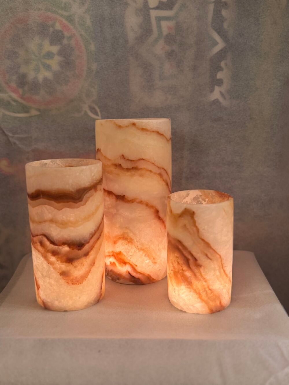 Alabaster Tea Light Candle Holder, Veins Alabaster Cylinder Candle Holder , Egyptian Alabaster Candle Holder