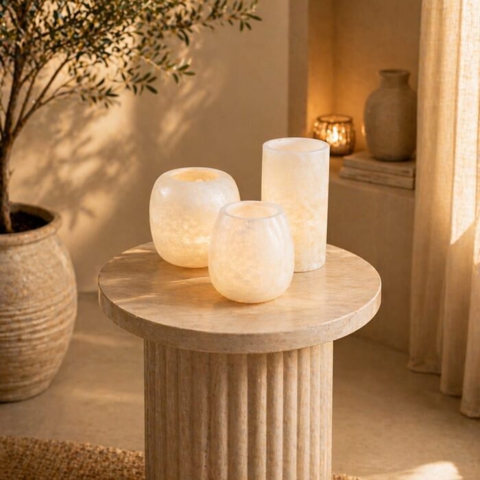 Set Of 3 Alabaster Stone TeaLight candle holder. White Alabaster candle holder